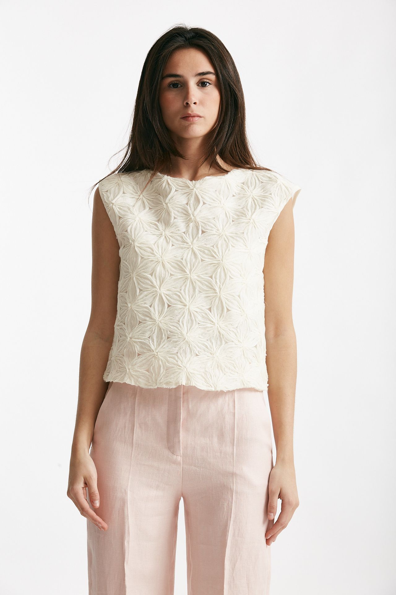 top ricamato panna girocollo donna Zanone - 1