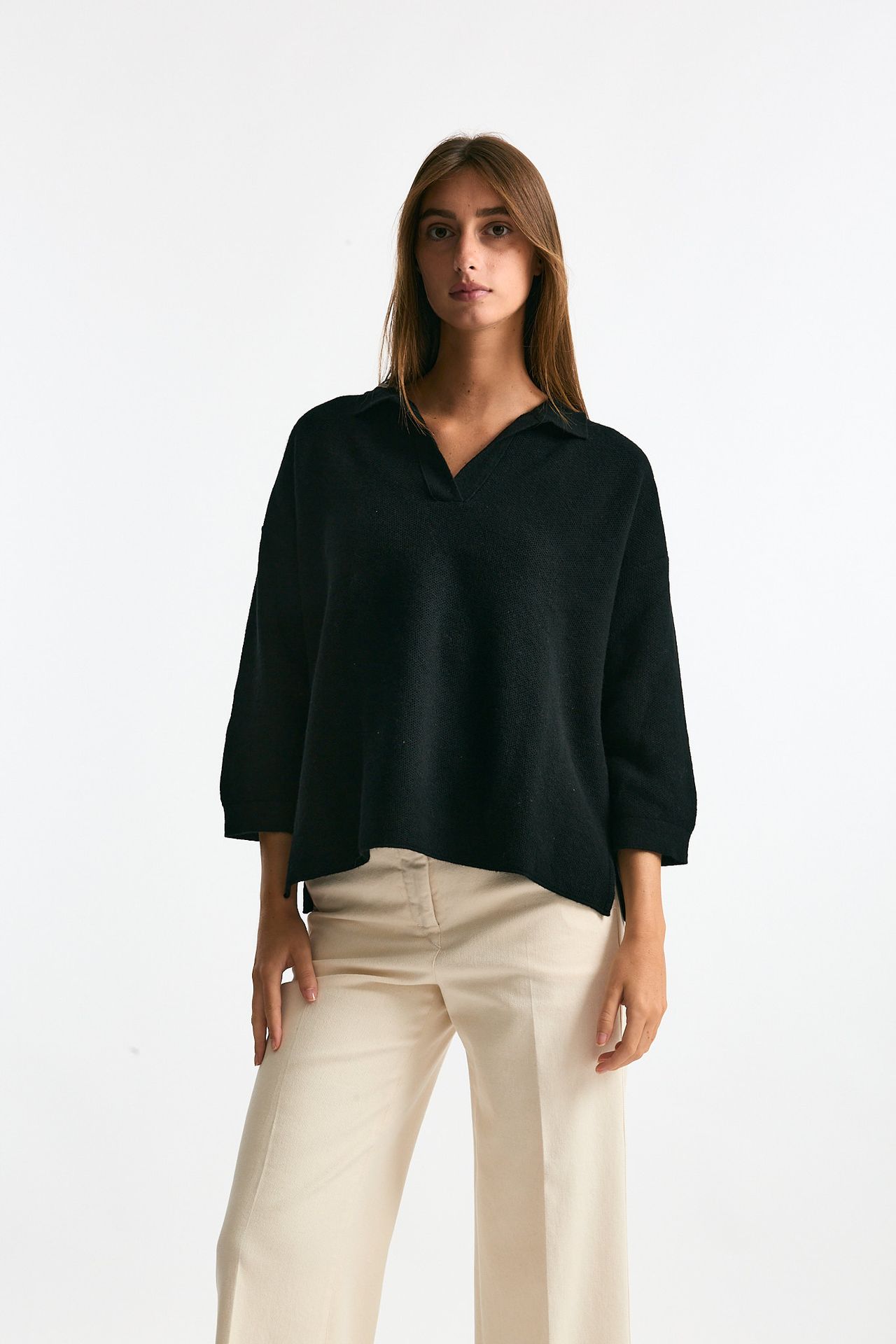 Maglia polo in cashmere nero donna Clouds - 1