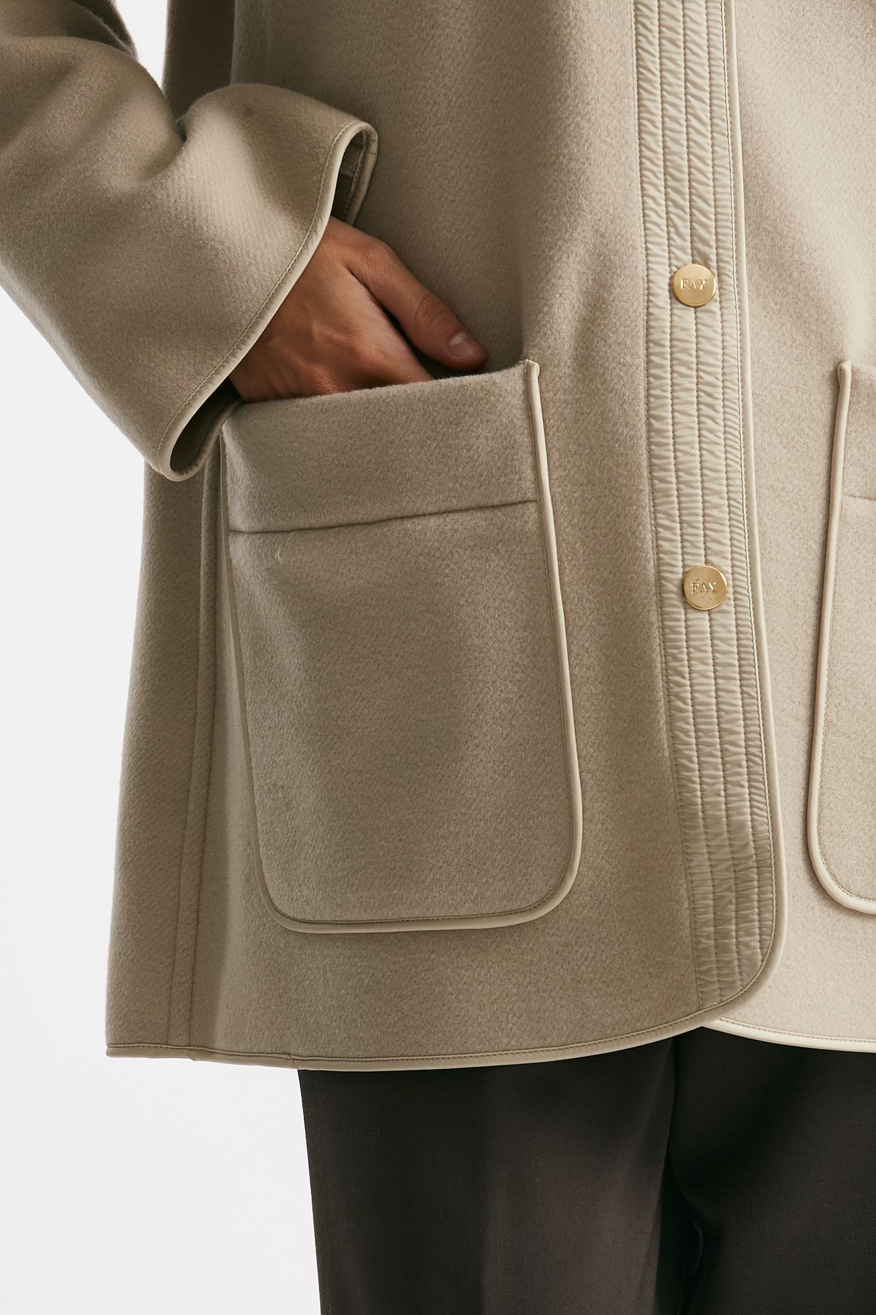 caban bimateriale in lana e cachemire beige e panna donna Fay - 6