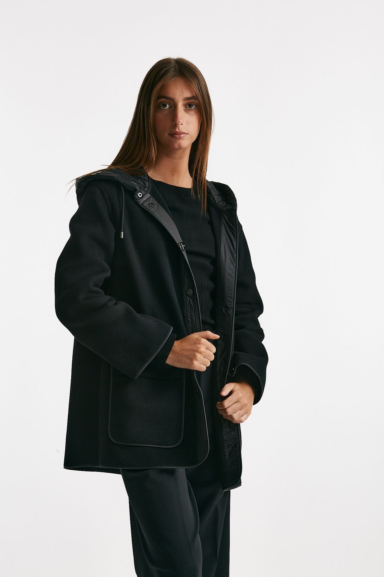 caban bimateriale in lana e cachemire nero donna Fay - 4