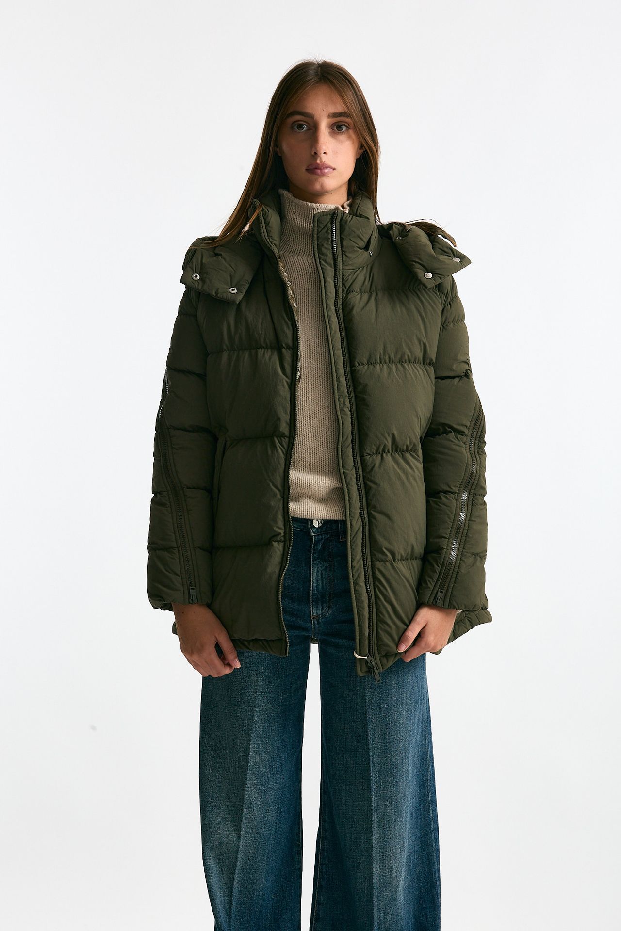 Piumino cappuccio over verde militare donna Herno - 1