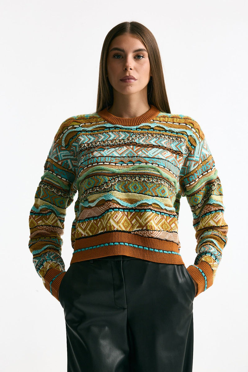 Maglia jaquard arancio e verde acqua donna Laneus - 1