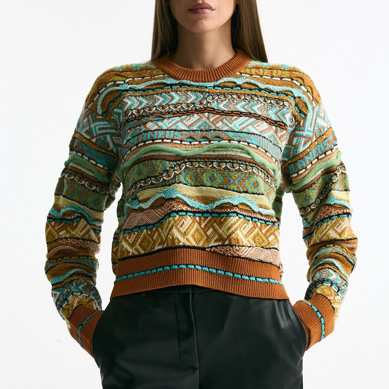 Maglia jaquard arancio e verde acqua donna Laneus - 7