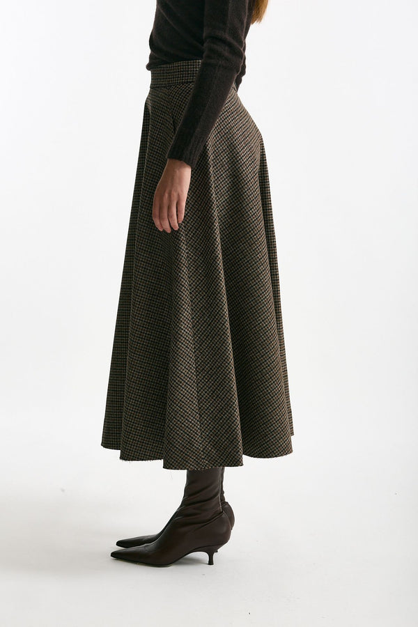 Gonna a ruota in lana check marrone donna Nine in the morning