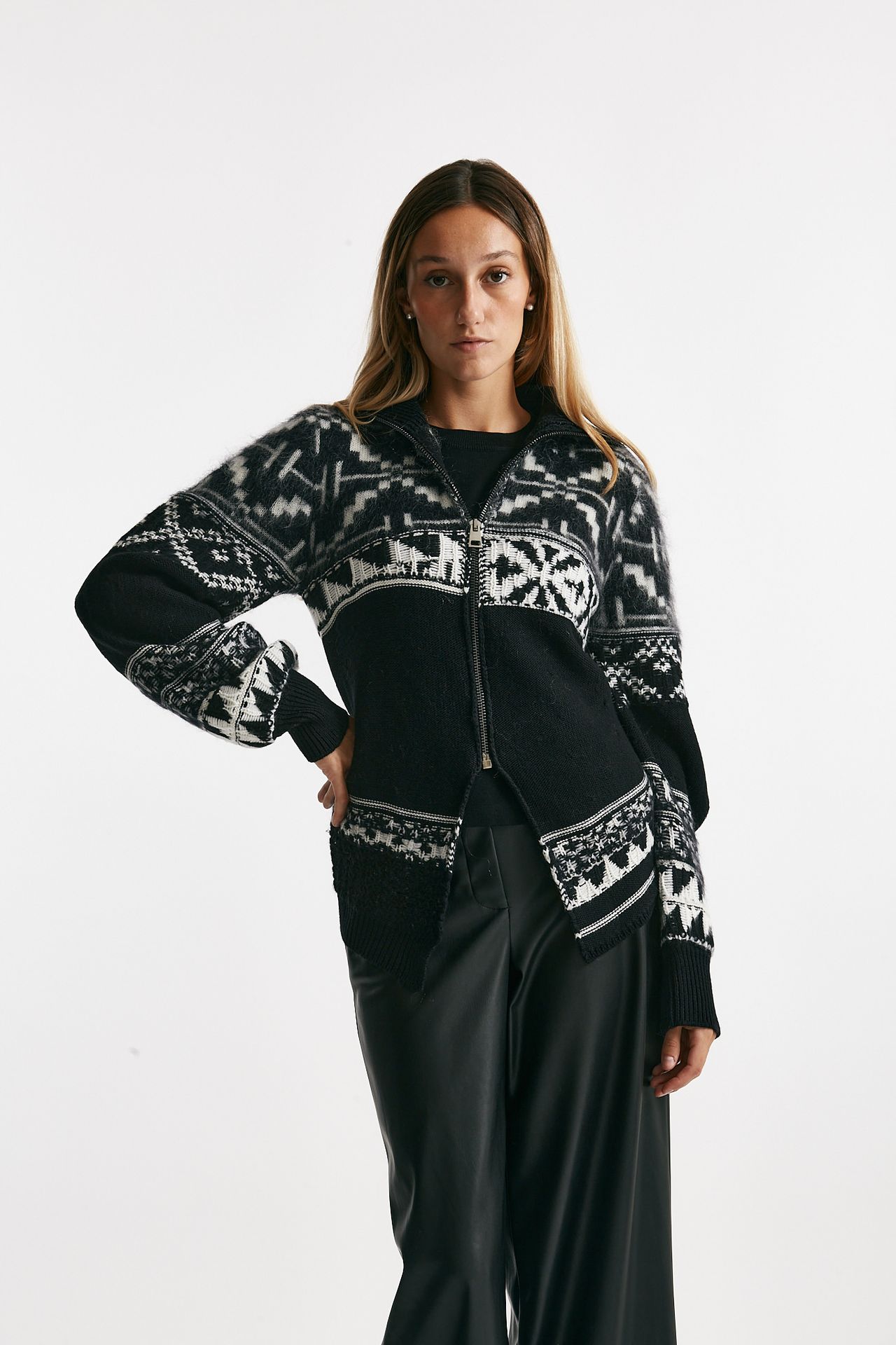 maglia collo alto cardigan jaquard donna Nude - 5