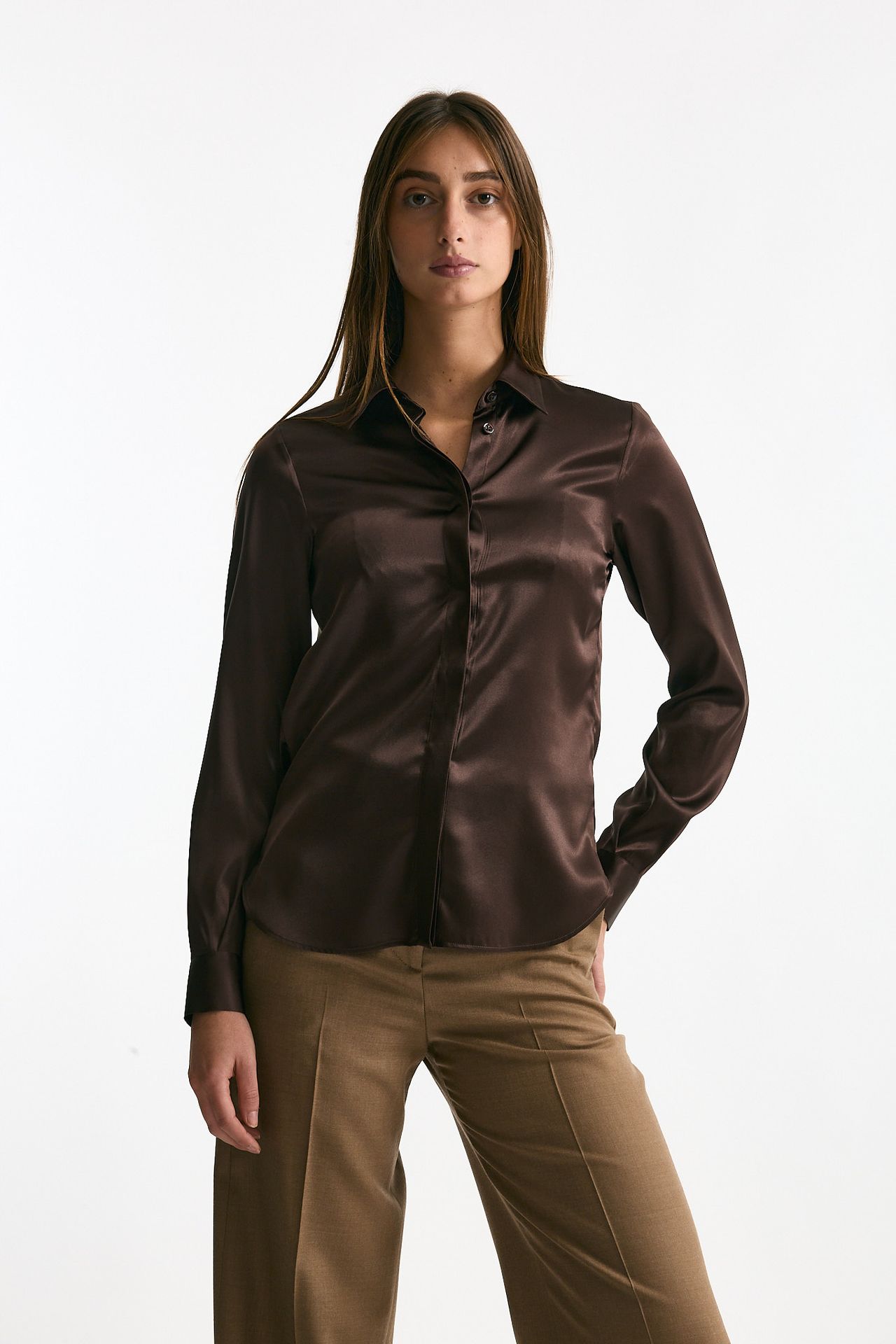 Camicia in pura seta marrone donna Tagliatore - 1
