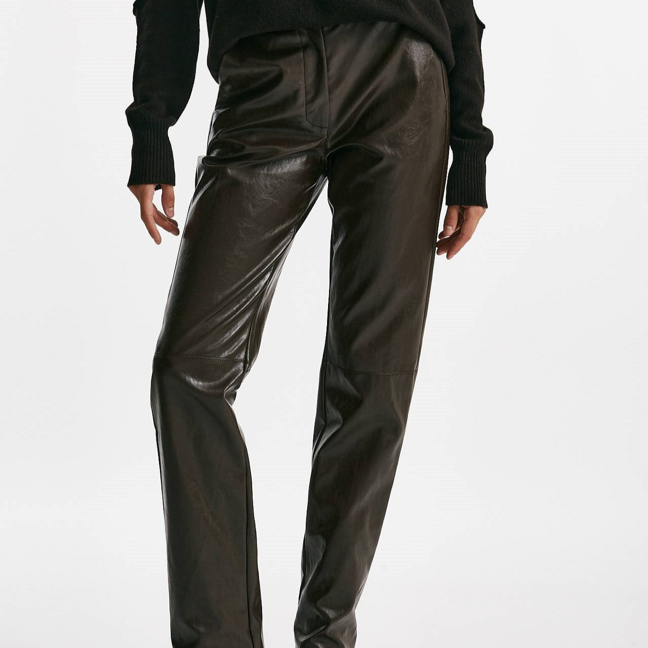 pantalone dritto in eco pelle cioccolato vita alta donna Federica tosi - 6