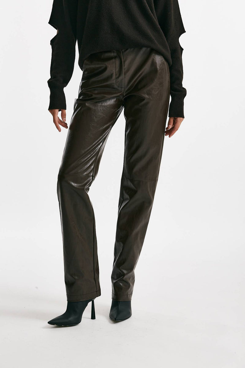 pantalone dritto in eco pelle cioccolato vita alta donna Federica tosi - 1