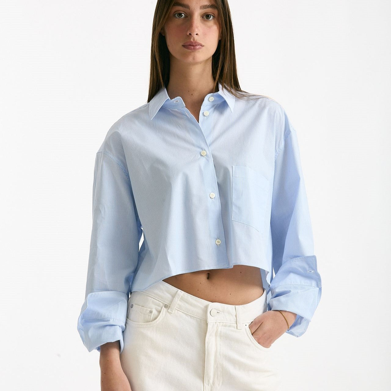 Camicia crop rigata azzurra e bianca donna The andamane - 7