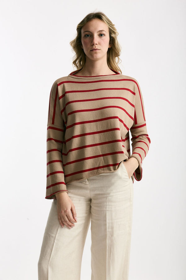 Maglia collo a barchetta rigata cammello donna Be you