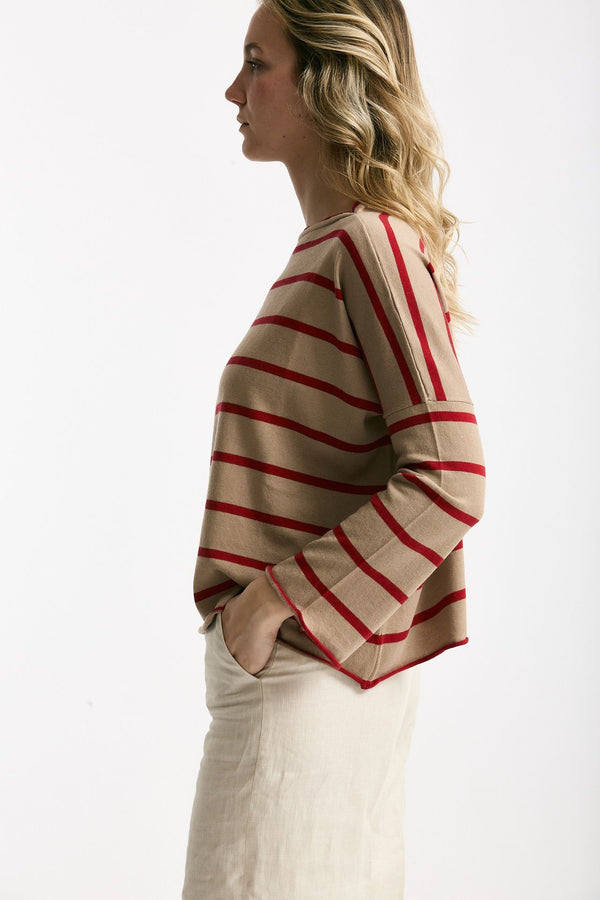 Maglia collo a barchetta rigata cammello donna Be you