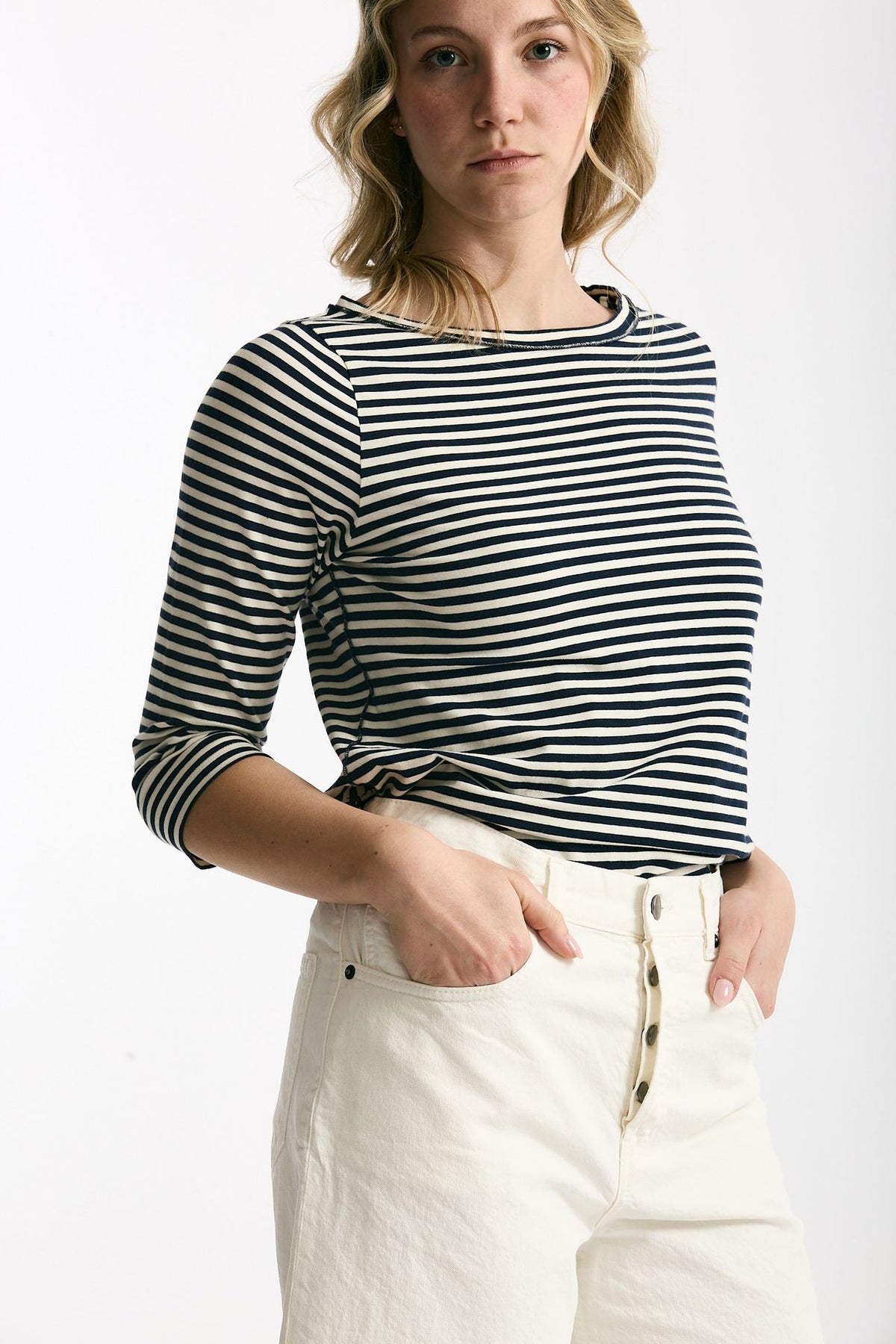 T-shirt slim rigata panna e blu donna Clouds - 3