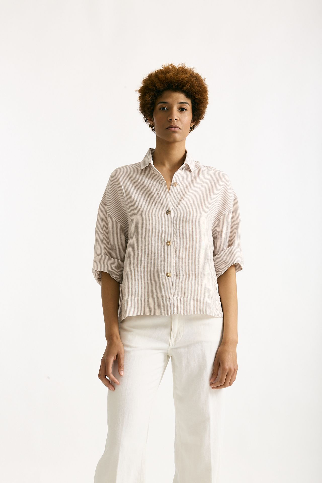 Camicia in lino Rigata bianca e beige donna Clouds - 1