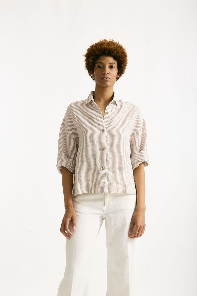 Camicia in lino Rigata bianca e beige donna Clouds - 1