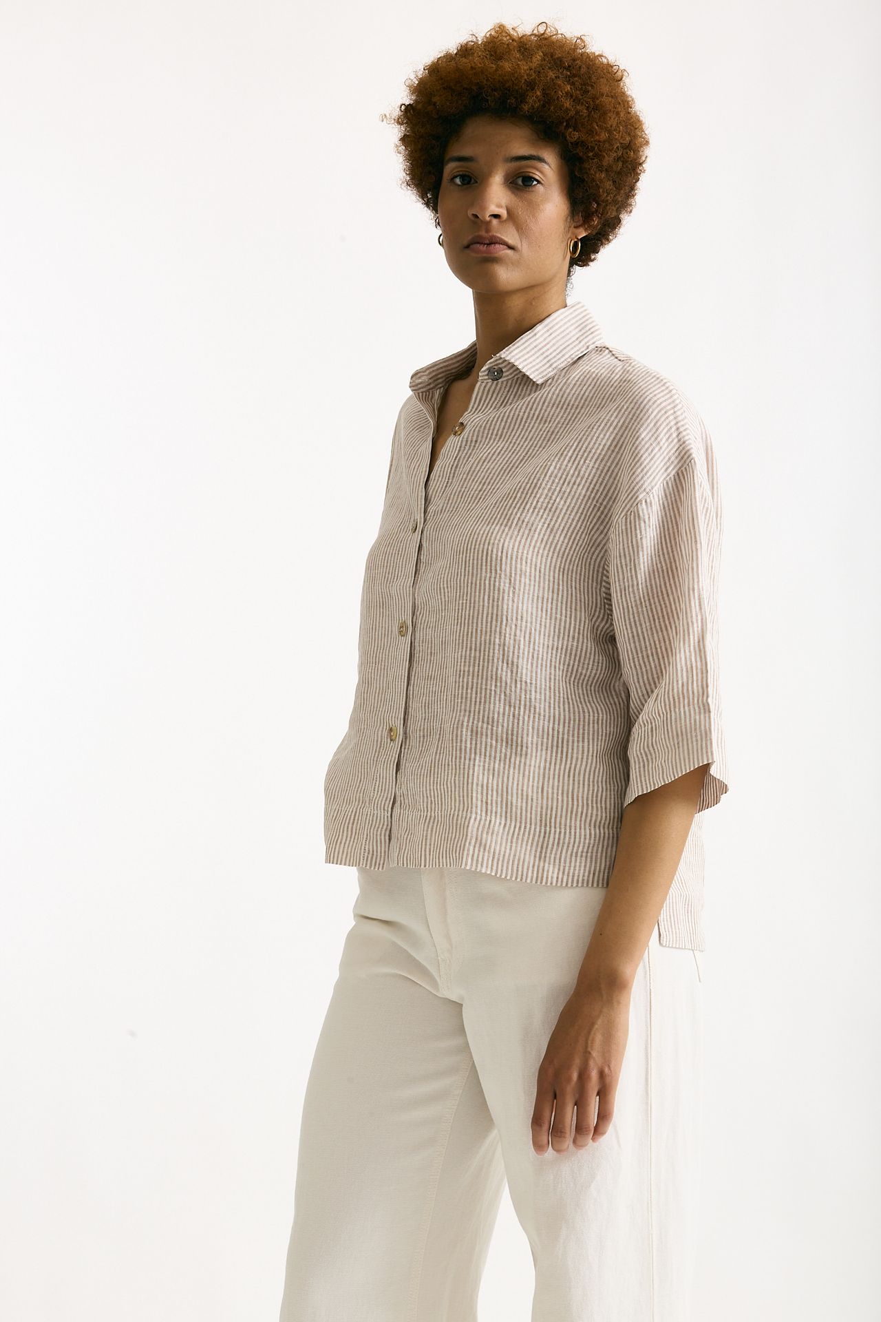 Camicia in lino Rigata bianca e beige donna Clouds - 2