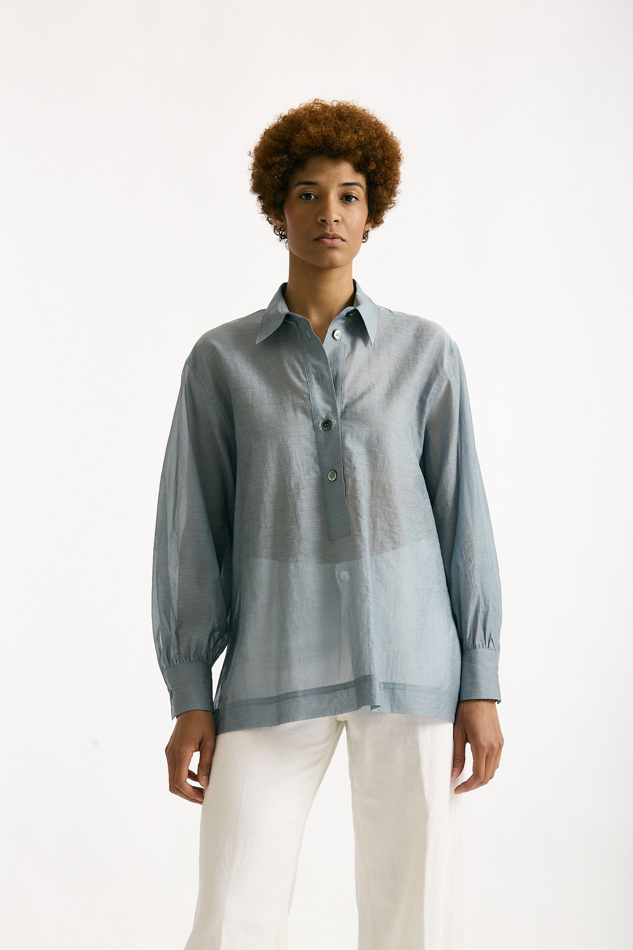Camicia in mussolina di cotone azzurro polvere donna Grifoni - 1