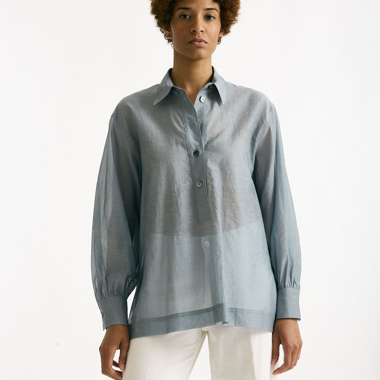 Camicia in mussolina di cotone azzurro polvere donna Grifoni - 6