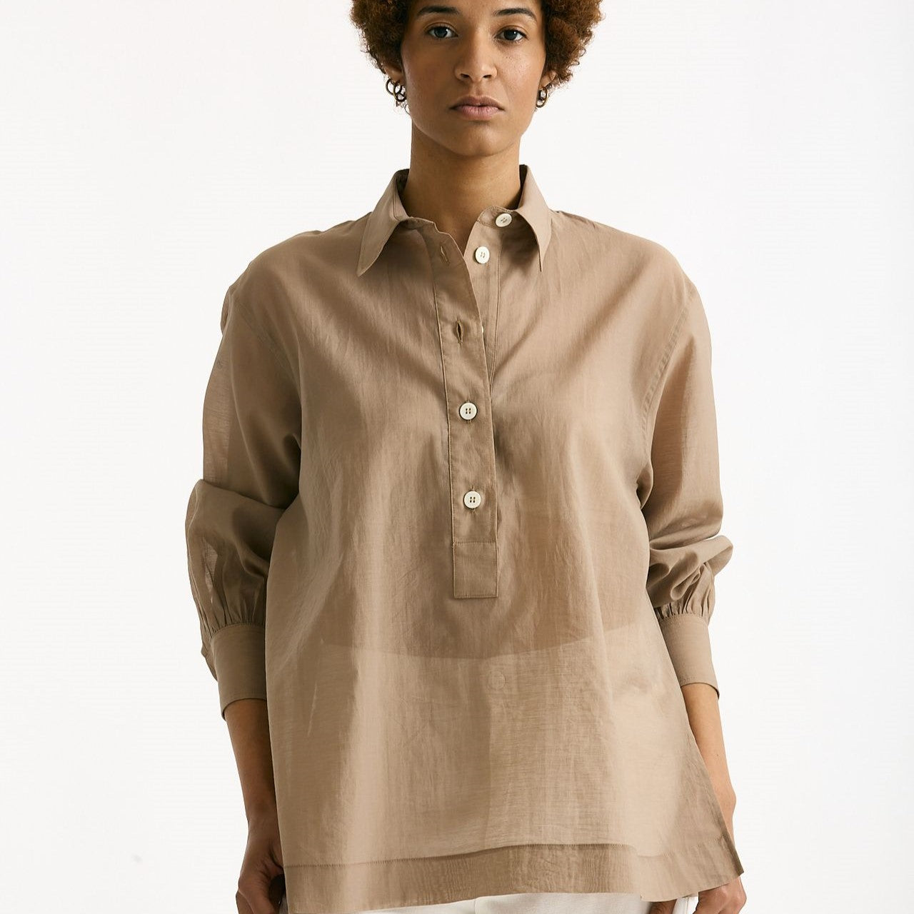Camicia in mussolina di cotone beige donna Grifoni - 7