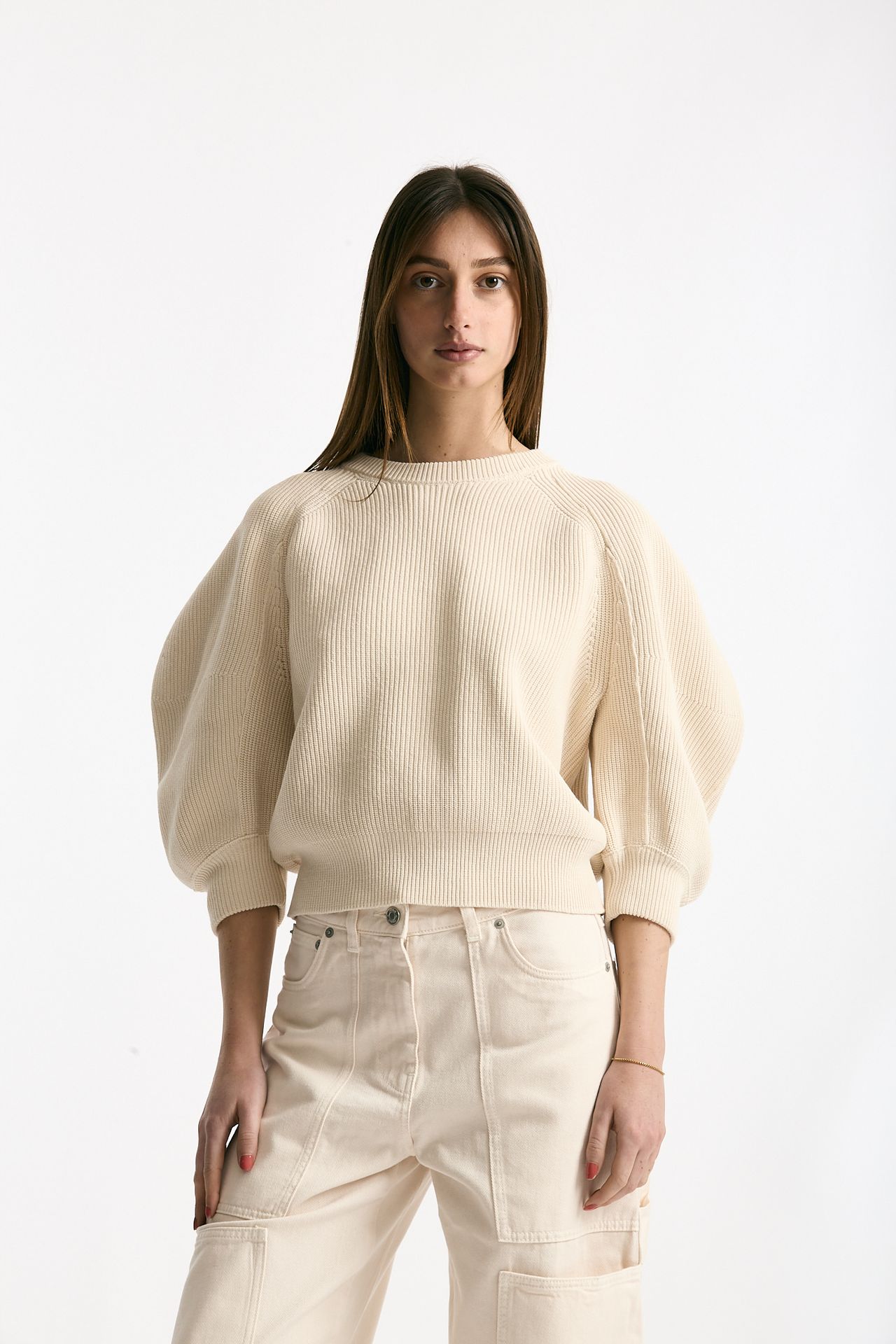 Maglia girocollo lavorata panna donna Nude - 1