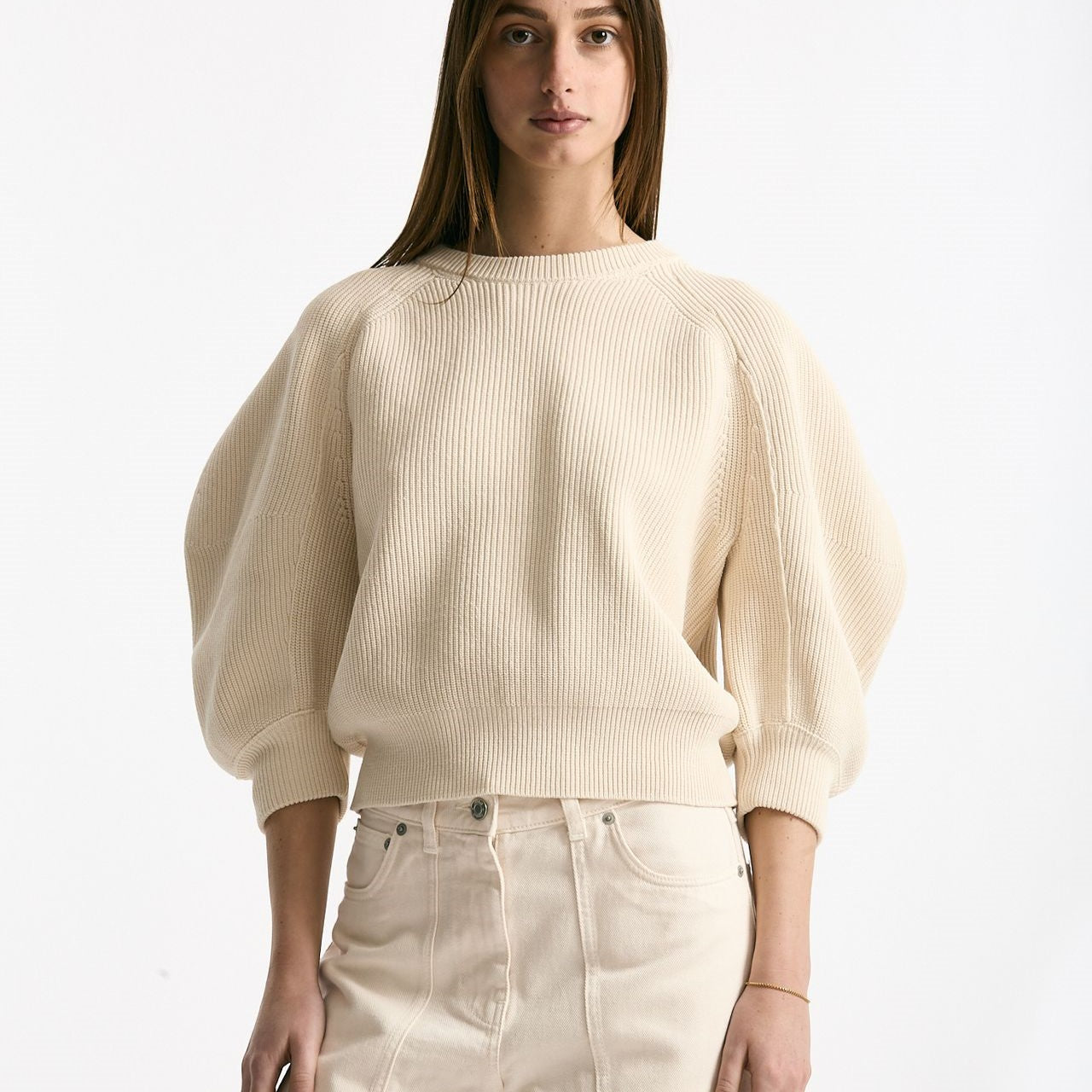 Maglia girocollo lavorata panna donna Nude - 6