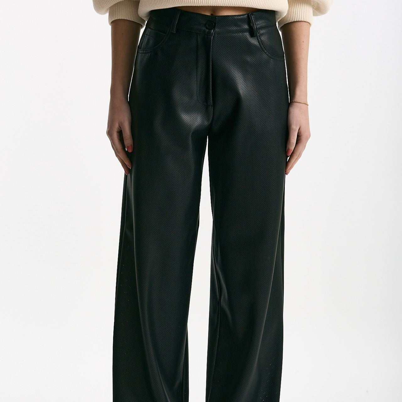 Pantaloni vita alta in ecopelle nero donna Nude - 6
