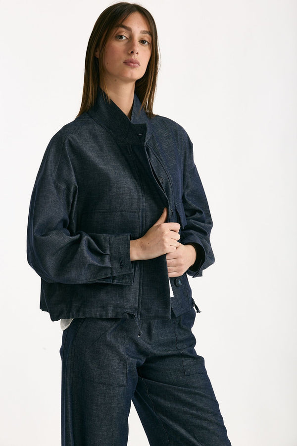 Giubbino in misto lino blu denim donna ( p - s )