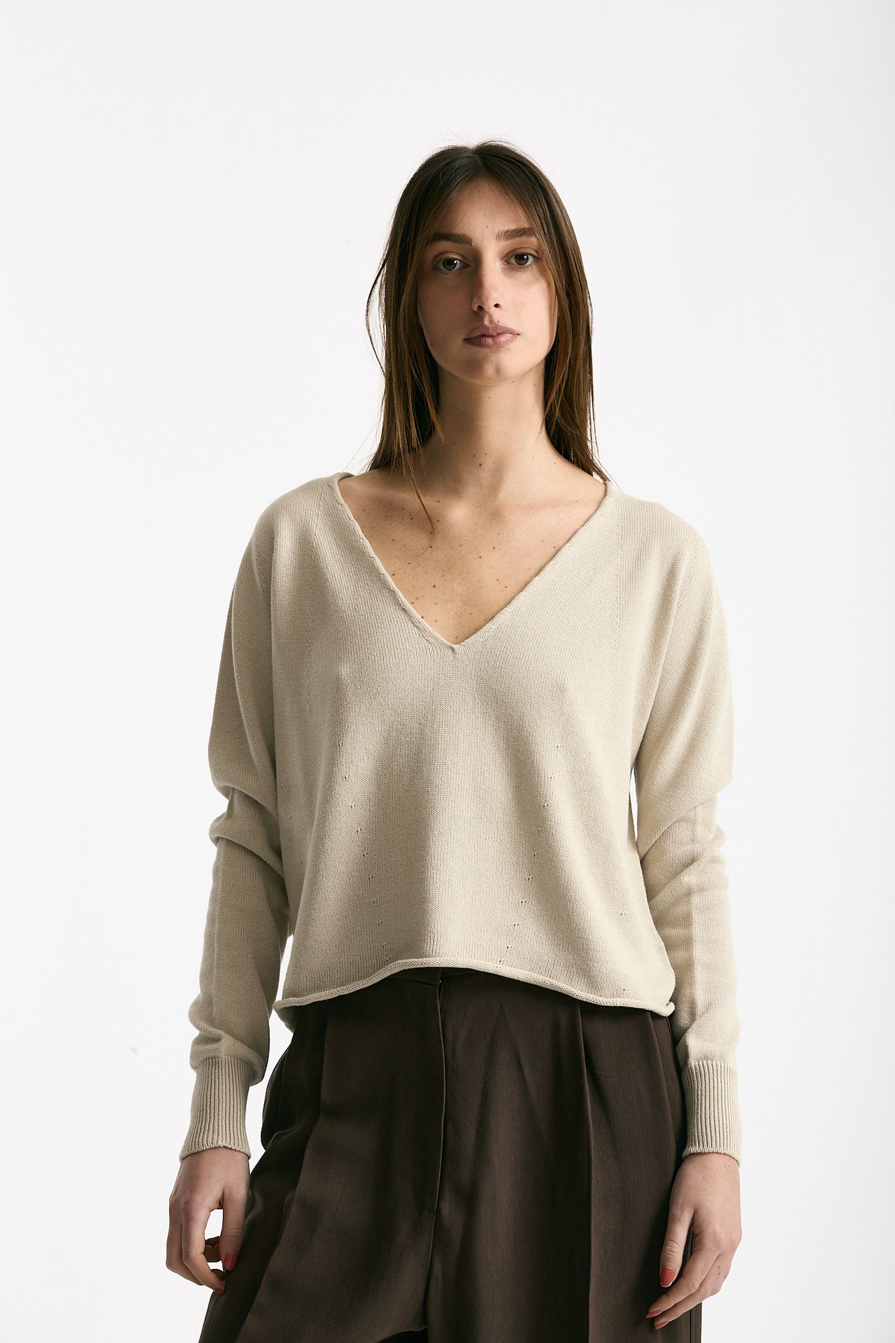 Maglia scollo V in cotone beige donna Scaglione - 1