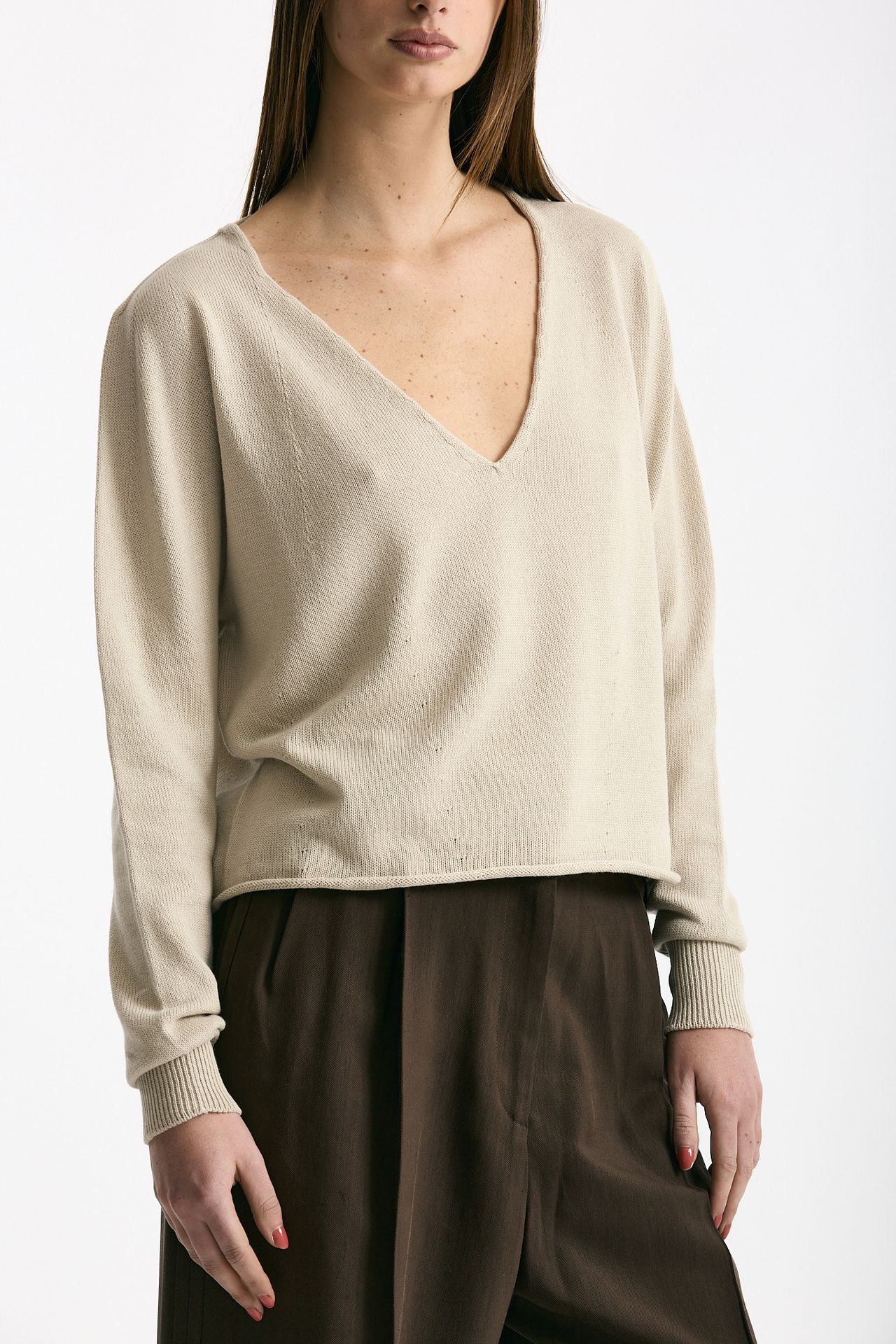 Maglia scollo V in cotone beige donna Scaglione - 3