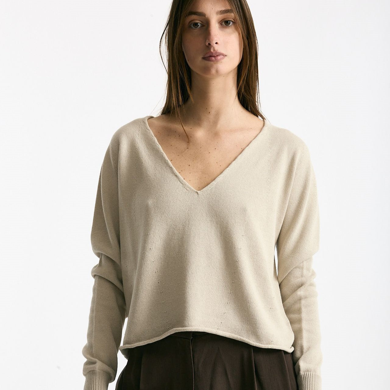 Maglia scollo V in cotone beige donna Scaglione - 5
