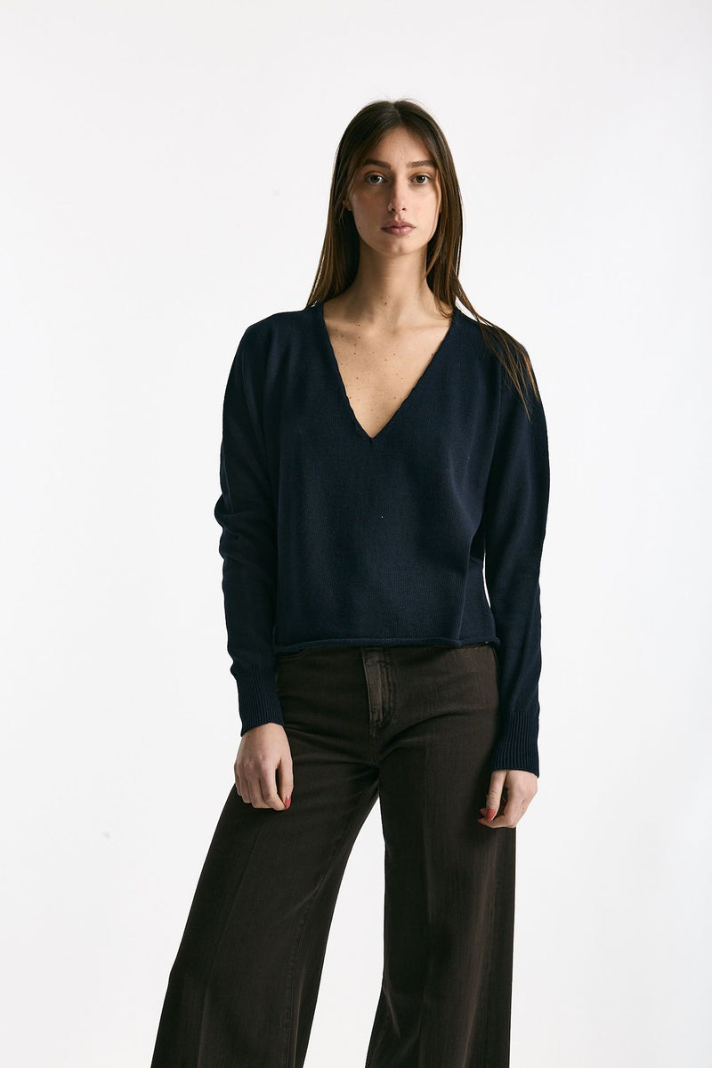Maglia scollo a v in cotone blu donna Scaglione - 1
