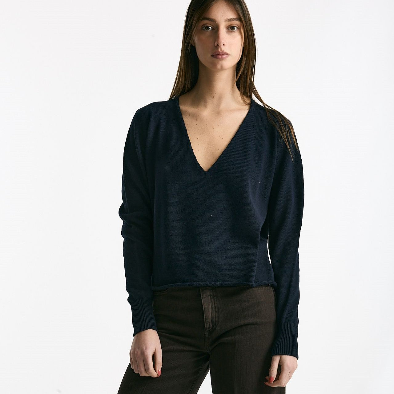 Maglia scollo a v in cotone blu donna Scaglione - 6