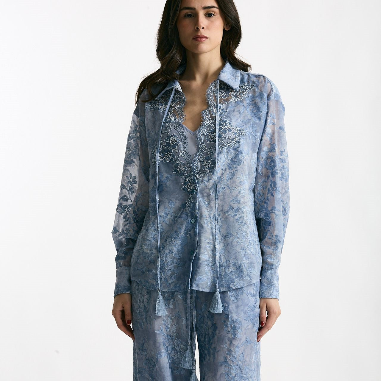 Camicia in pizzo azzurro donna Ermanno firenze - 7
