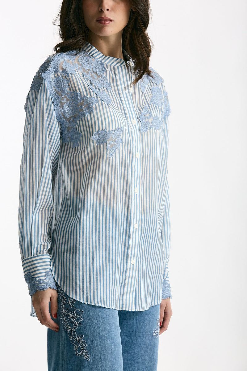 Camicia con applicazioni in pizzo rigata donna Ermanno firenze - 4