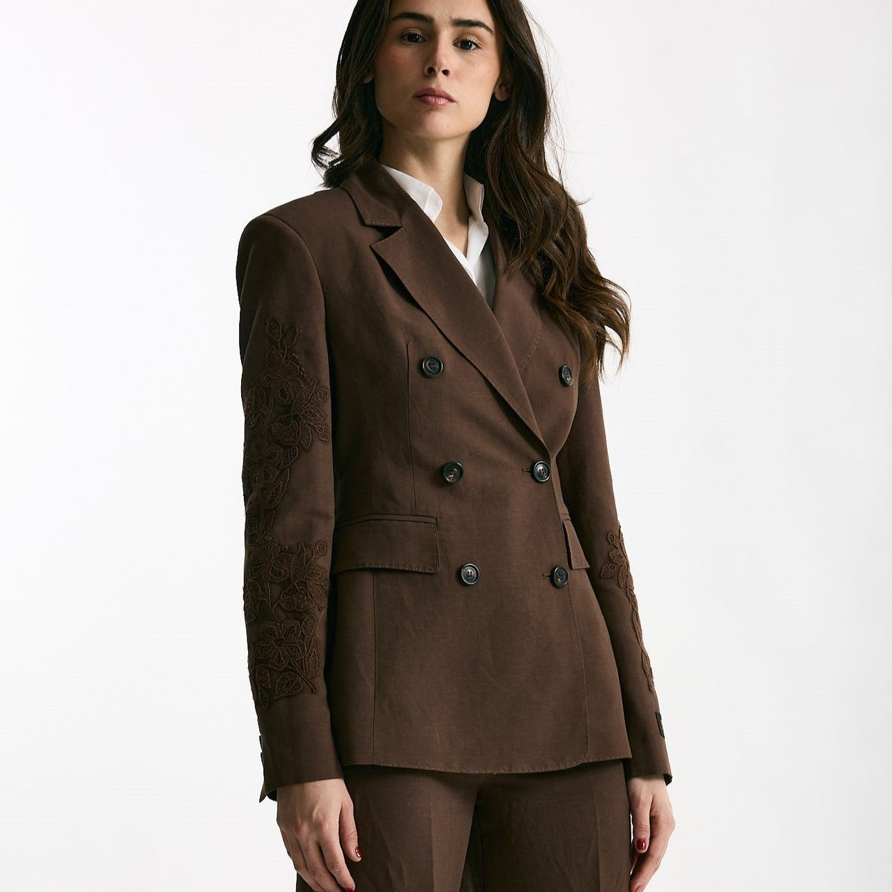Giacca slim in lino e viscosa marrone donna Ermanno firenze - 10