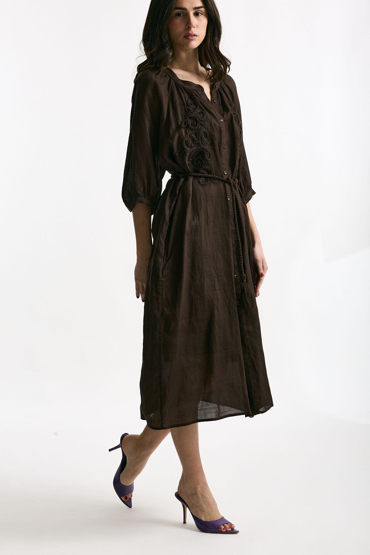 Abito midi in lino e viscosa marrone donna Ermanno firenze - 1