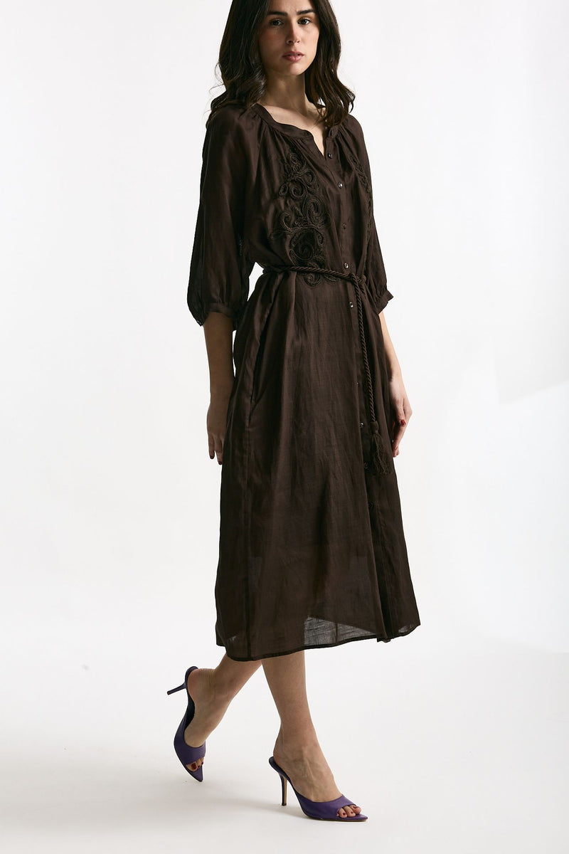 Abito midi in lino e viscosa marrone donna Ermanno firenze - 1