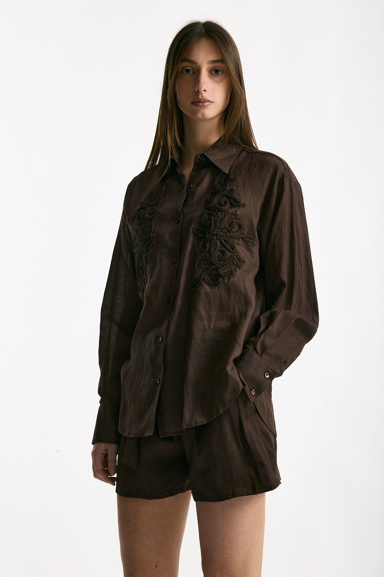 Camicia in lino e viscosa marrone donna Ermanno firenze - 1