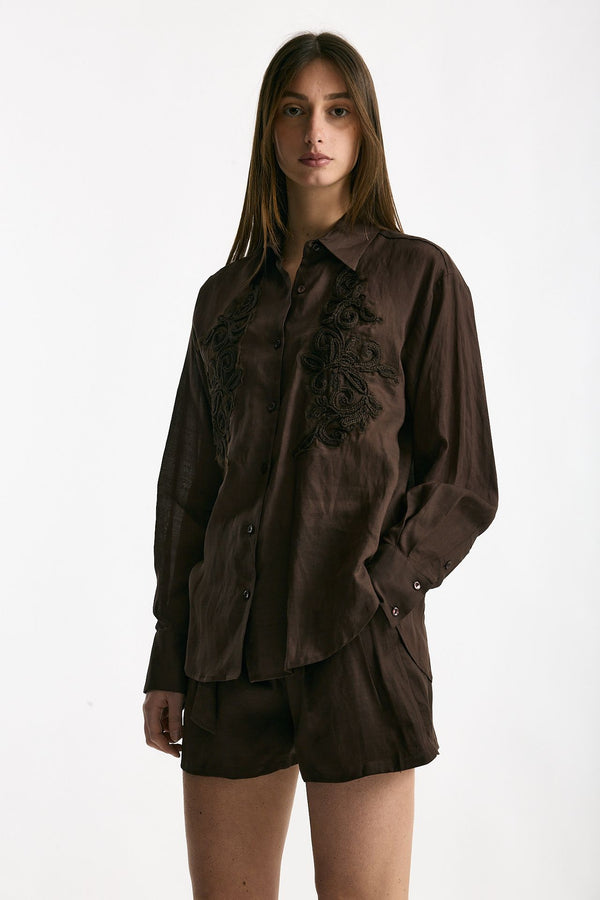 Camicia in lino e viscosa marrone donna Ermanno firenze