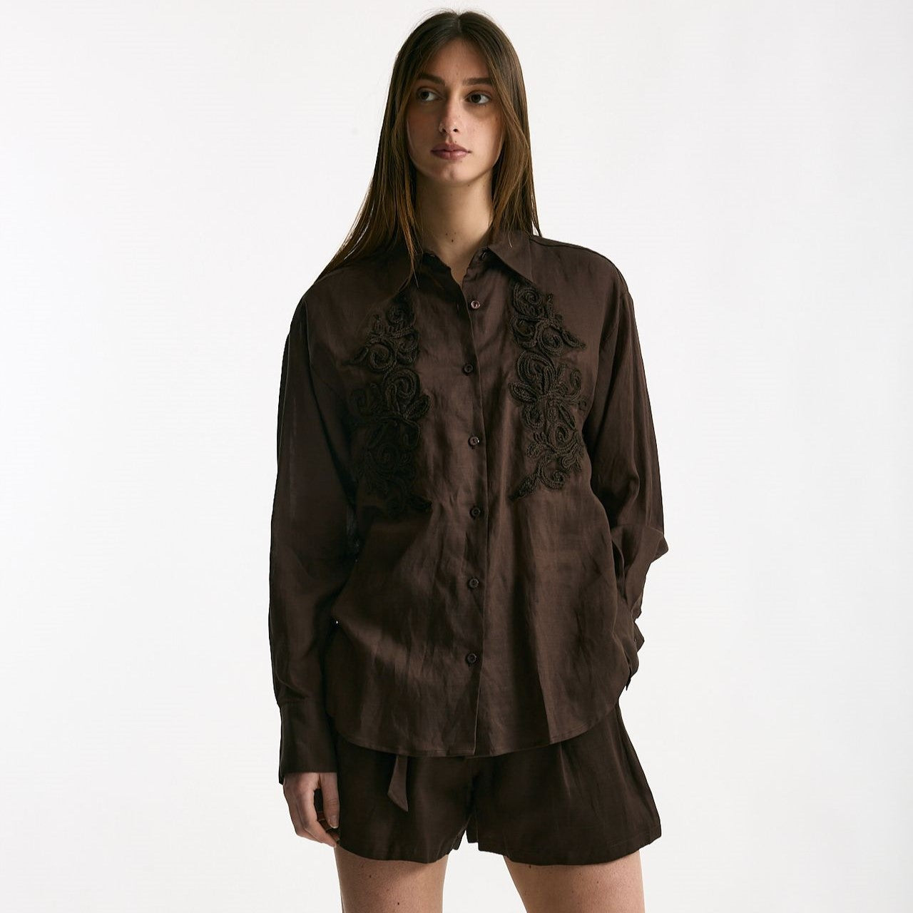 Camicia in lino e viscosa marrone donna Ermanno firenze - 6