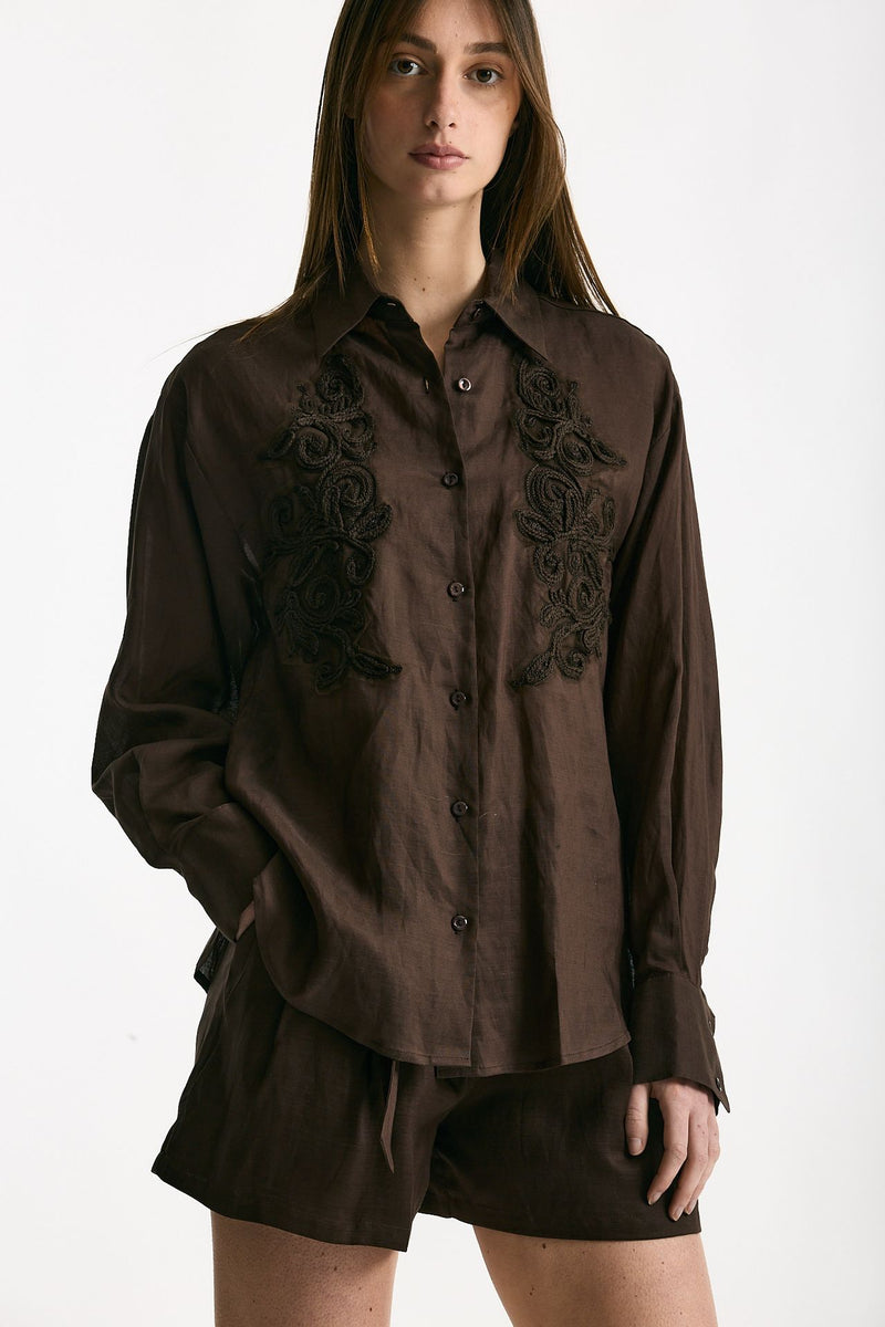 Camicia in lino e viscosa marrone donna Ermanno firenze - 4