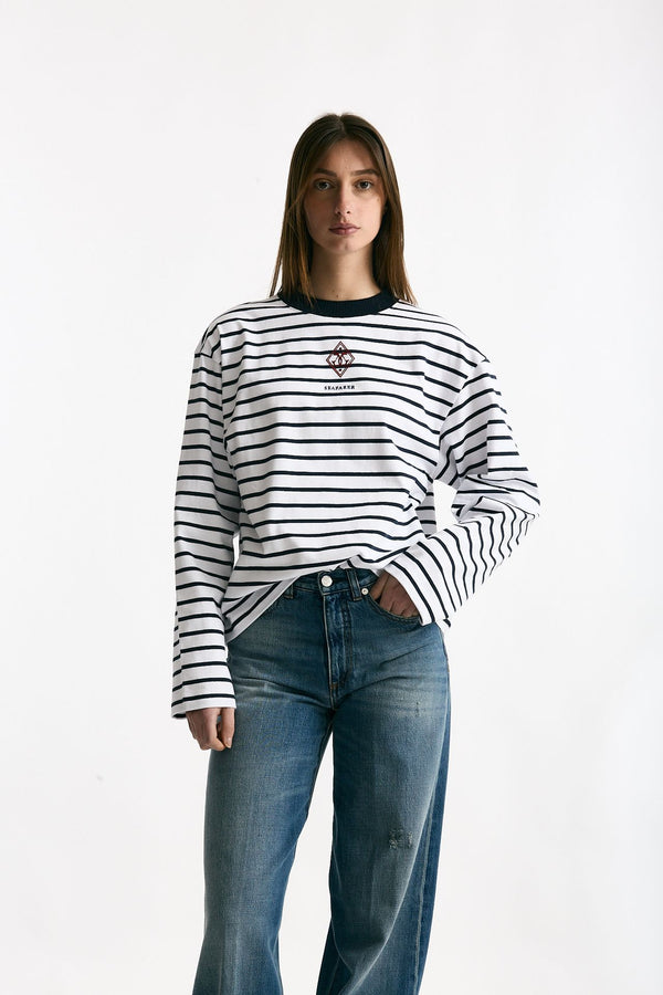 T-shirt girocollo rigata bianca e blu donna Seafarer