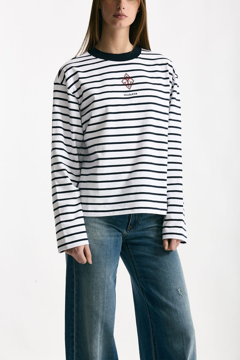 T-shirt girocollo rigata bianca e blu donna Seafarer - 4