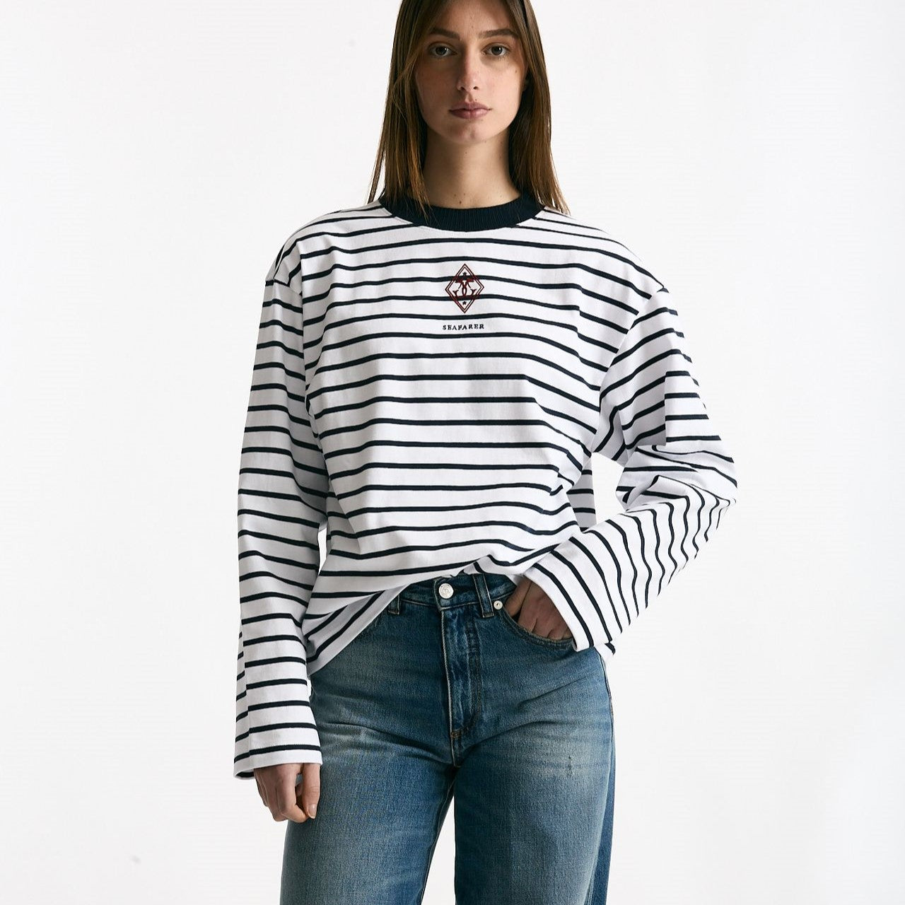 T-shirt girocollo rigata bianca e blu donna Seafarer - 6
