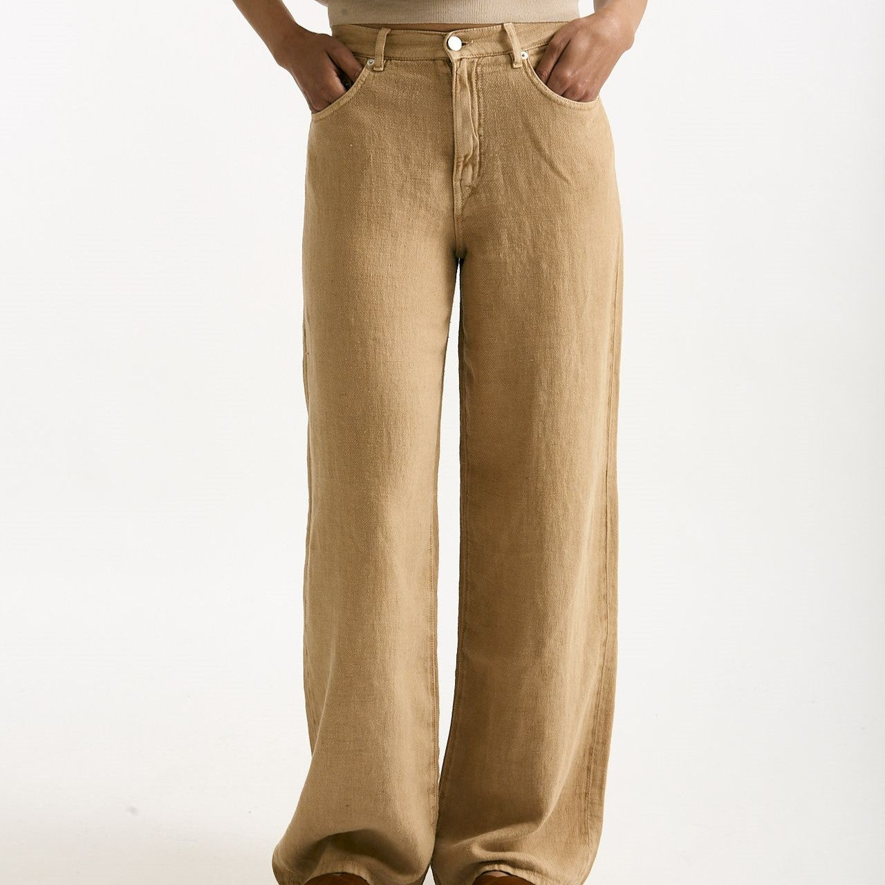 Jeans in lino CARMEN Vita alta cammello donna Siviglia - 7