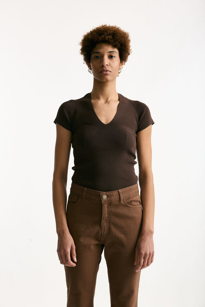 Maglia scollo a v costine marrone donna Federica tosi - 2