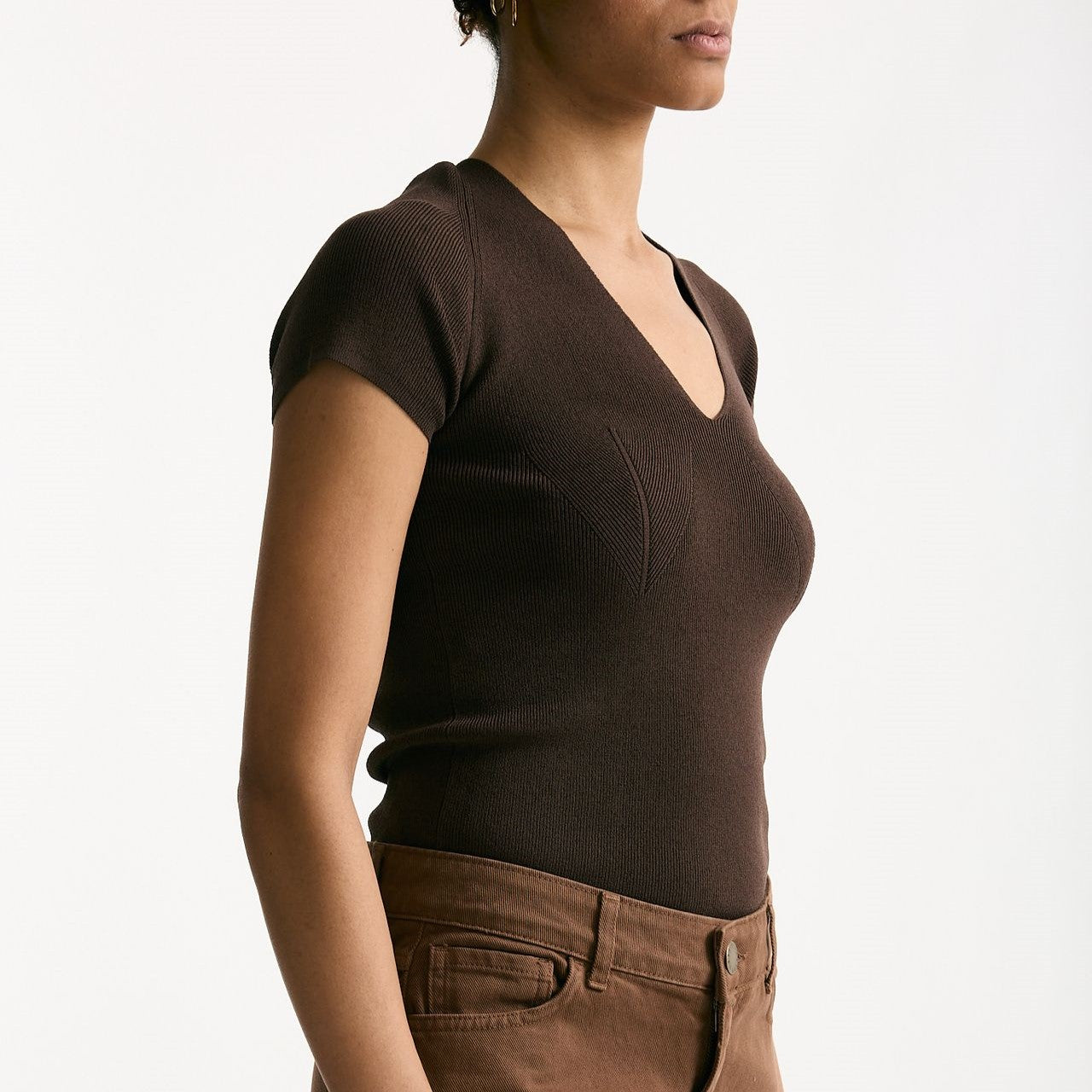 Maglia scollo a v costine marrone donna Federica tosi - 5