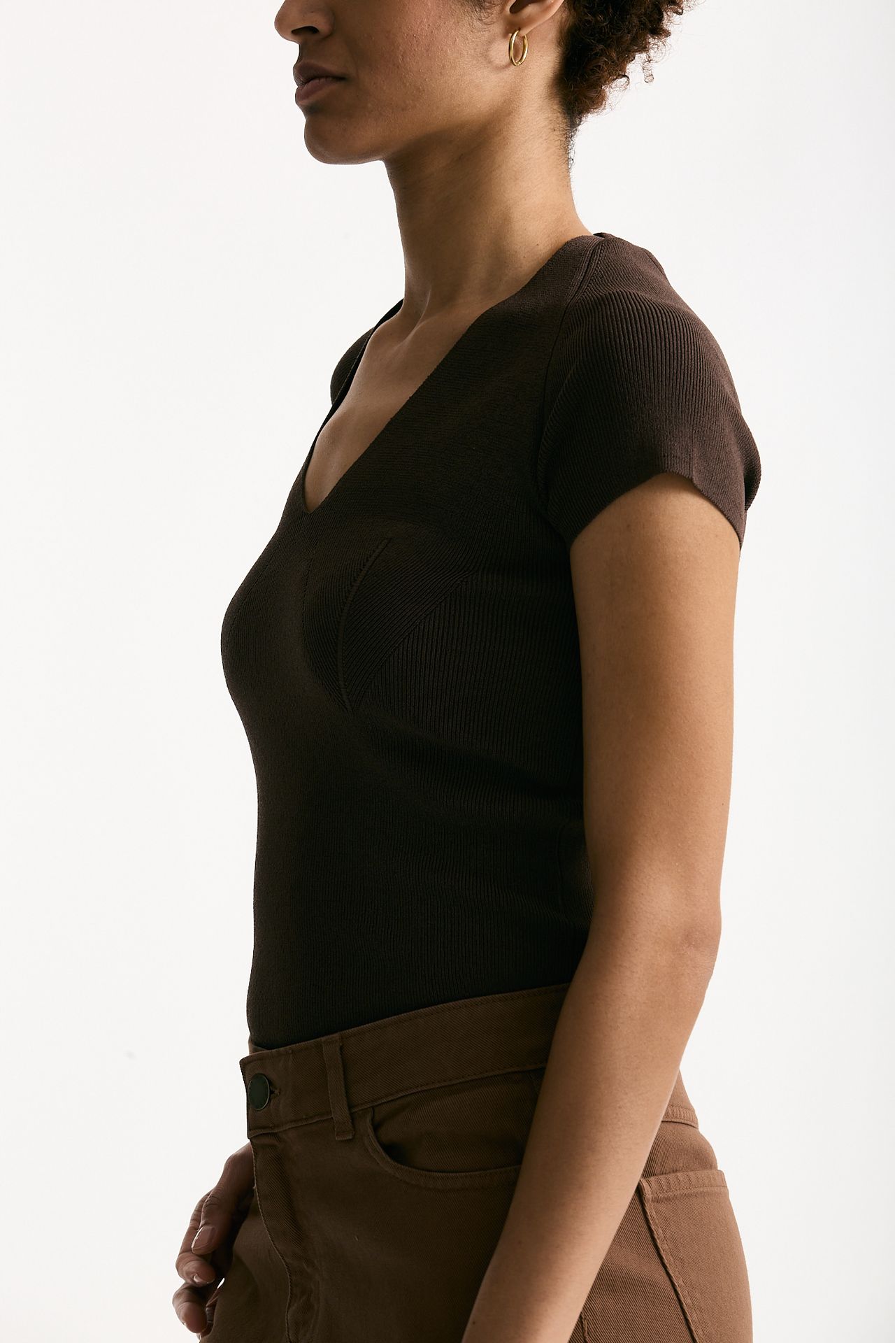 Maglia scollo a v costine marrone donna Federica tosi - 3
