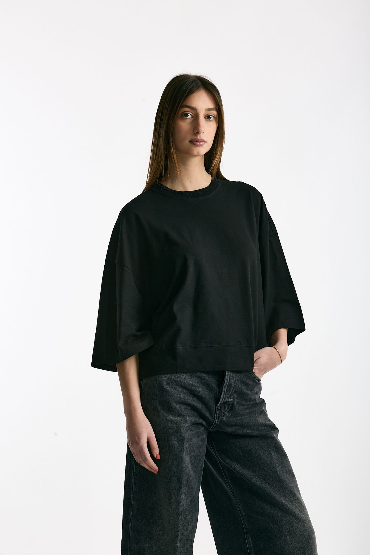 T-shirt over in cotone nero donna Woc - 4
