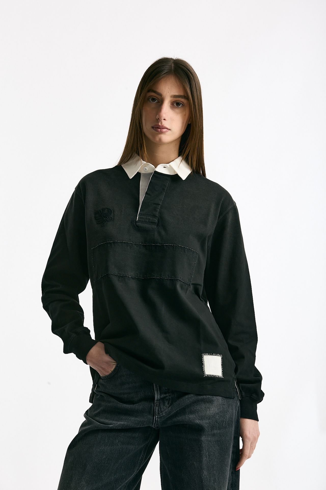 Polo unisex nero lavato e bianco donna Woc - 1