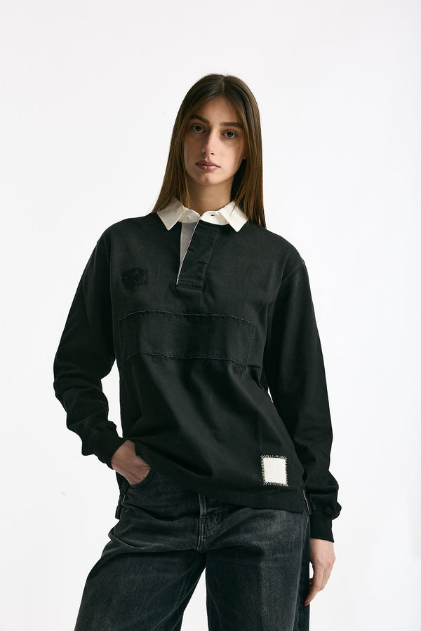 Polo unisex nero lavato e bianco donna Woc